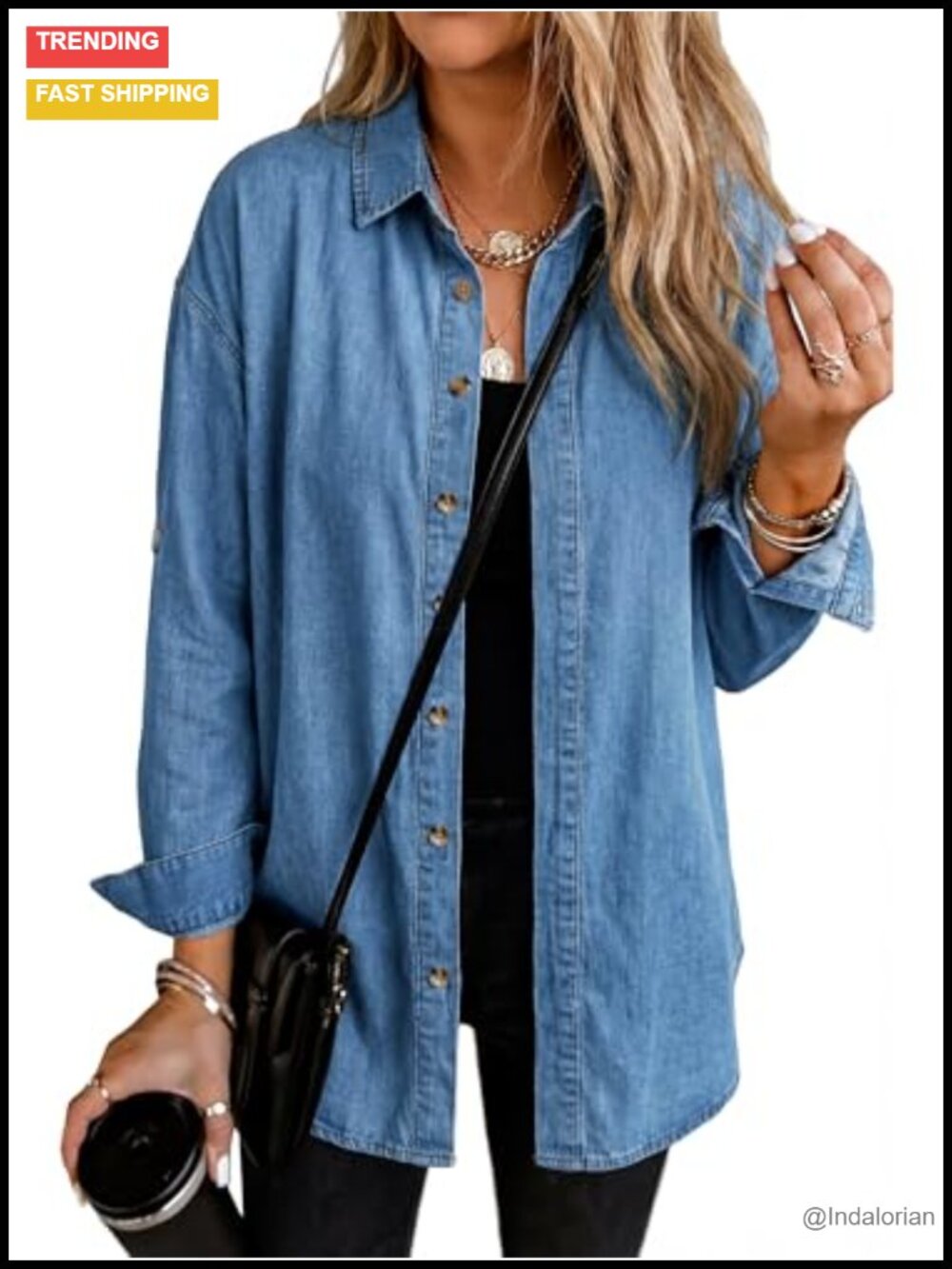 Denim Button Down Shirt Long Sleeve Relaxed Fit Women's Blouse